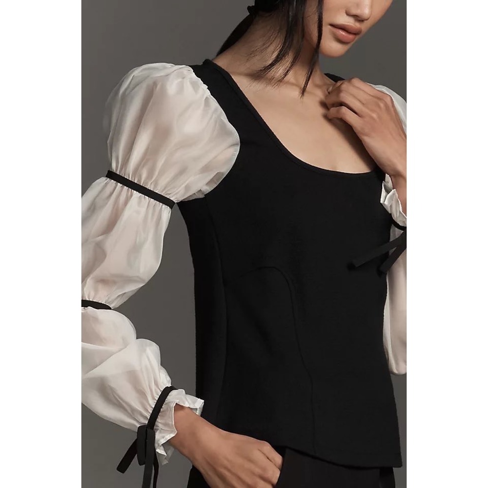 Maeve Anthropologie Balloon Sleeve Top Black Ivory Romantic Textured Blouse S - Picture 4 of 11